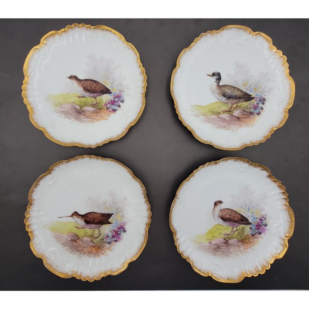 French Limoges Game Birds 4 plate set by Lewis Strauss & Sons vintage 1920's